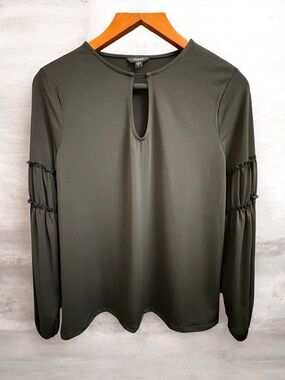 GUESS Black Keyhole Front Ruched Tiered Balloon L/S Romantic Blouse XS